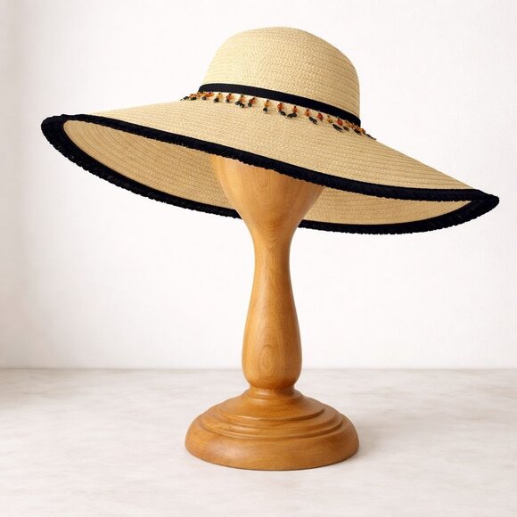 Wide Brim Straw Sun Hat Floppy Black Fringe Teardrop Beaded Band Resort Fashion main image 8